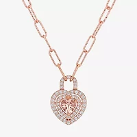 Womens Genuine Pink Morganite 18K Rose Gold Over Silver Heart Paperclip 17 Inch Pendant Necklace