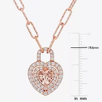 Womens Genuine Pink Morganite 18K Rose Gold Over Silver Heart Paperclip 17 Inch Pendant Necklace