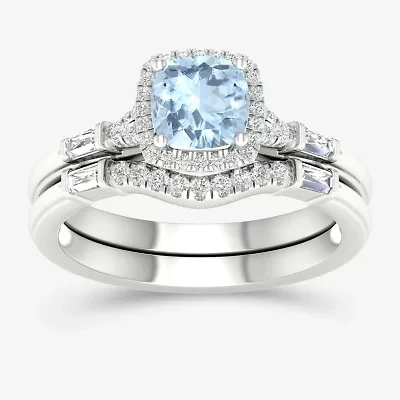 Modern Bride Gemstone Womens 1/3 CT. T.W. Genuine Blue Tanzanite 10K White Gold Cushion Halo Bridal Set