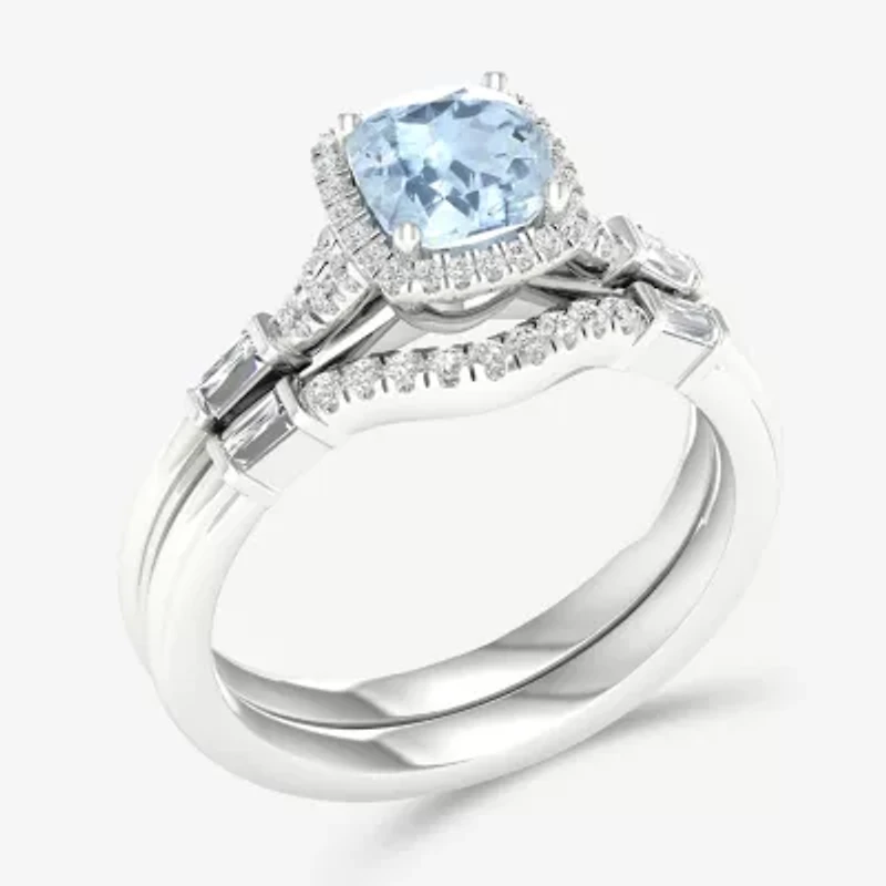 Modern Bride Gemstone Womens 1/3 CT. T.W. Genuine Blue Tanzanite 10K White Gold Cushion Halo Bridal Set