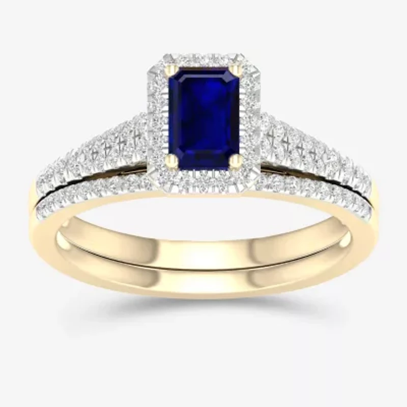 Modern Bride Gemstone Womens 1/3 CT. T.W. Genuine Blue Sapphire 10K Gold Halo Bridal Set