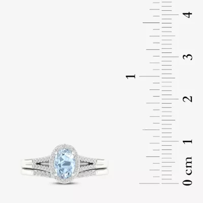 Modern Bride Gemstone Womens 1/5 CT. Genuine Blue Aquamarine 10K White Gold Oval Halo Bridal Set
