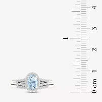 Modern Bride Gemstone Womens 1/5 CT. Genuine Blue Aquamarine 10K White Gold Oval Halo Bridal Set