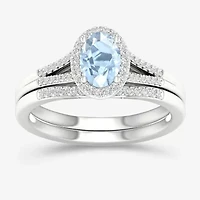 Modern Bride Gemstone Womens 1/5 CT. Genuine Blue Aquamarine 10K White Gold Oval Halo Bridal Set