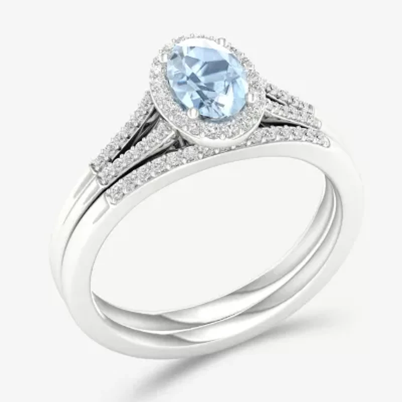 Modern Bride Gemstone Womens 1/5 CT. Genuine Blue Aquamarine 10K White Gold Oval Halo Bridal Set