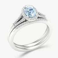 Modern Bride Gemstone Womens 1/5 CT. Genuine Blue Aquamarine 10K White Gold Oval Halo Bridal Set