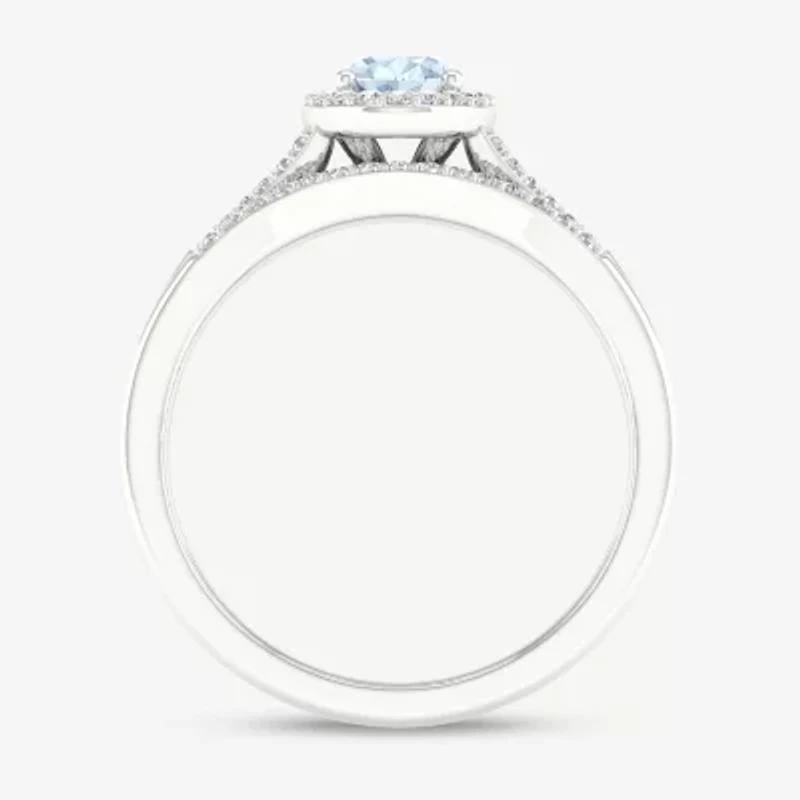 Modern Bride Gemstone Womens 1/5 CT. Genuine Blue Aquamarine 10K White Gold Oval Halo Bridal Set