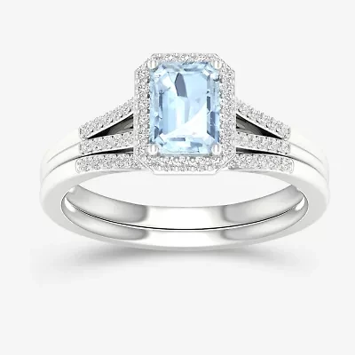 Modern Bride Gemstone Womens 1/5 CT. Genuine Blue Tanzanite 10K White Gold Halo Bridal Set