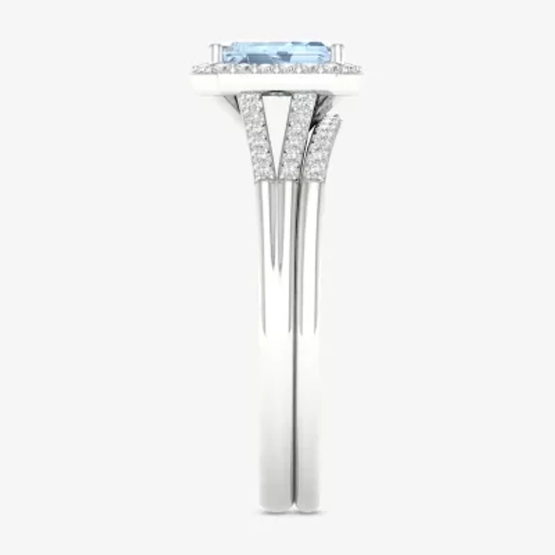 Modern Bride Gemstone Womens 1/5 CT. Genuine Blue Tanzanite 10K White Gold Halo Bridal Set