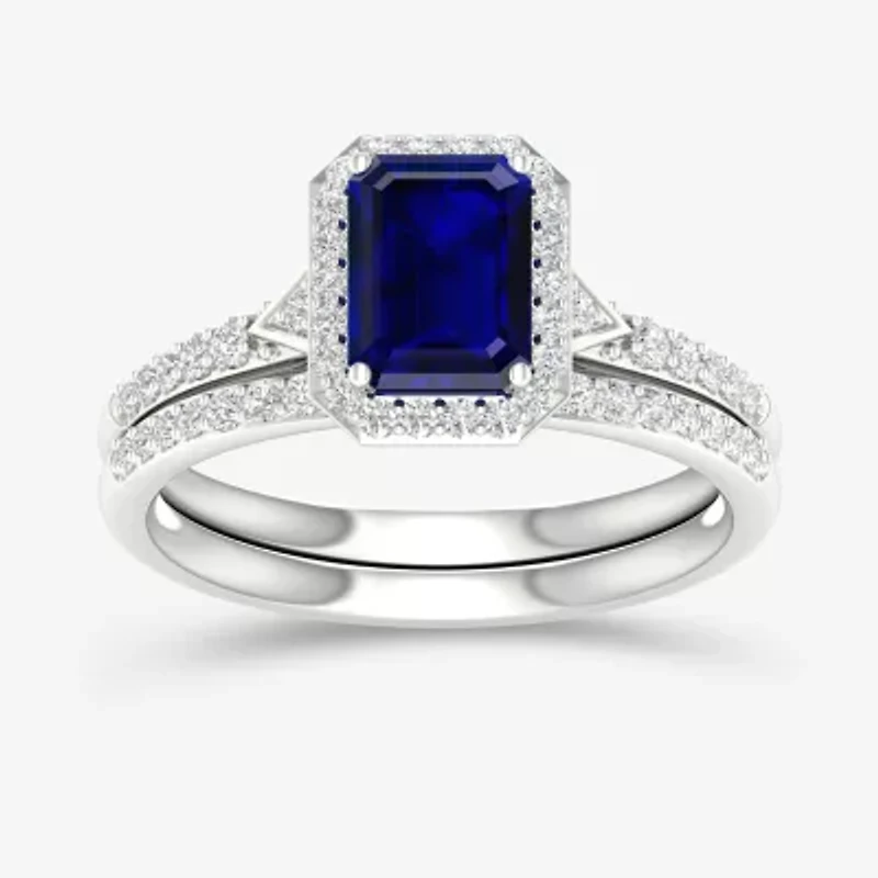 Modern Bride Gemstone Womens 1/3 CT. T.W. Genuine Blue Sapphire 10K White Gold Halo Bridal Set