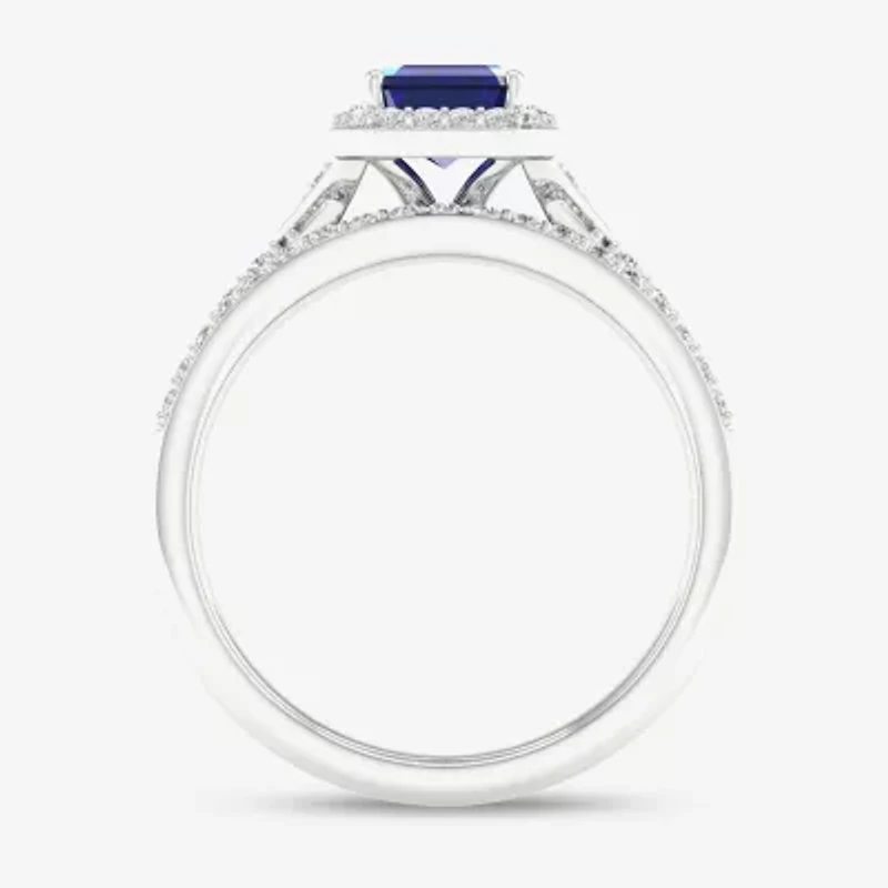 Modern Bride Gemstone Womens 1/3 CT. T.W. Genuine Blue Sapphire 10K White Gold Halo Bridal Set