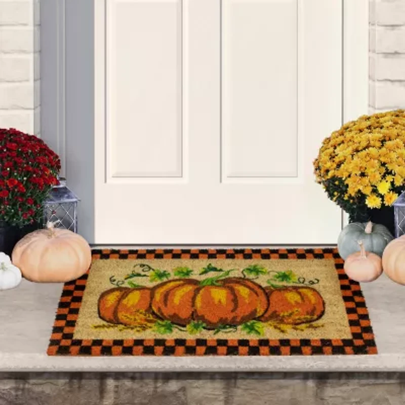 Northlight Checkered Fall Pumpkin Outdoor Rectangular Doormat