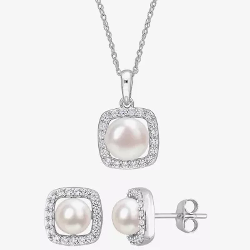 Womens White Cultured Freshwater Pearl 10K White Gold Cushion 2-pc. Jewelry Set