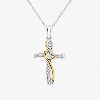Womens 1/10 CT. T.W. Lab Grown White Diamond 10K Two Tone Gold Cross 18 Inch Pendant Necklace