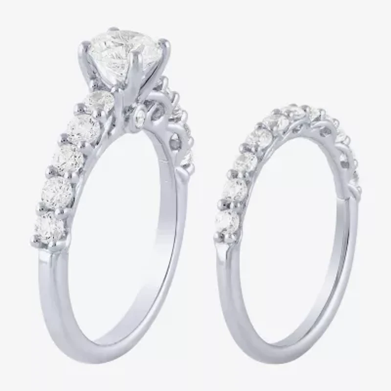 (H-I / I1) Womens 2 CT. T.W. Lab Grown White Diamond 10K Gold Side Stone Bridal Set