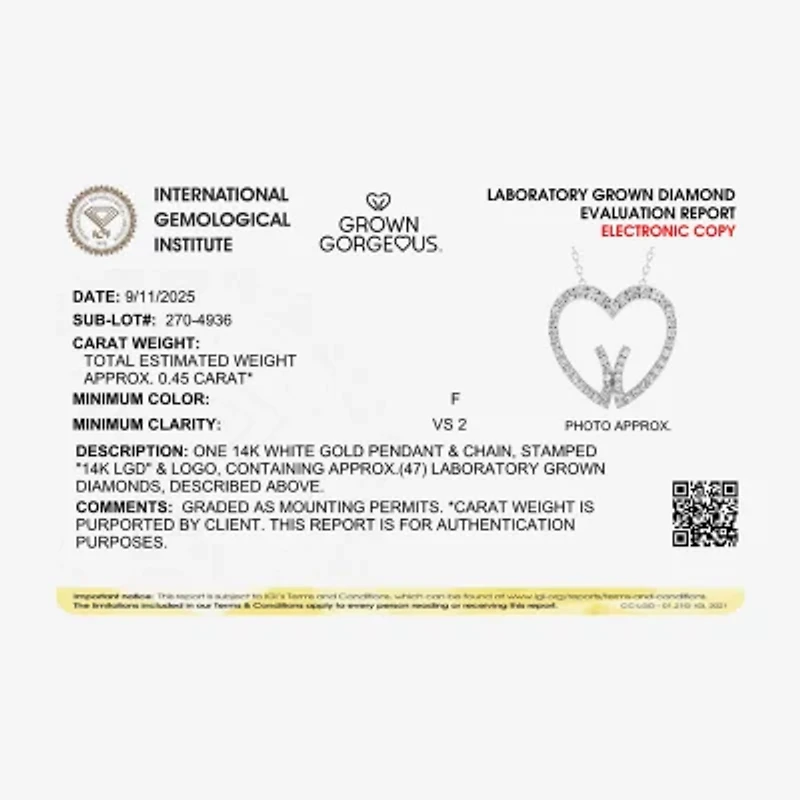 Grown Gorgeous (F, Vs2) Womens 1/2 CT. T.W. Lab White Diamond 14K Gold Heart 18 Inch Pendant Necklace