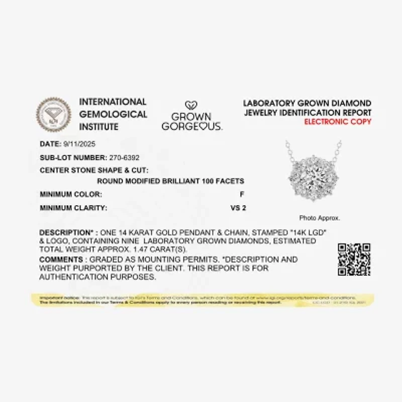 Grown Gorgeous (F,Vs2) Womens 1 1/2 CT. T.W. Lab Grown White Diamond 14K Gold Round 18 Inch Pendant Necklace