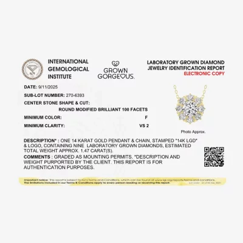 Grown Gorgeous (F,Vs2) Womens 1 1/2 CT. T.W. Lab Grown White Diamond 14K Gold Round 18 Inch Pendant Necklace