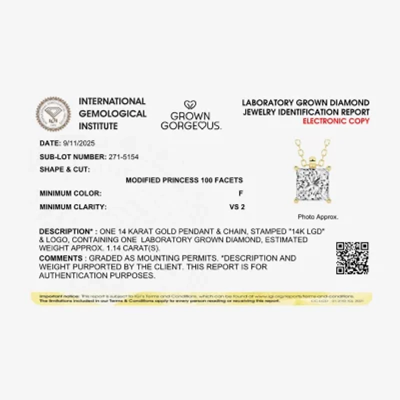 Grown Gorgeous (F,Vs2) Womens 1 1/8 CT. T.W. Lab-Grown Diamond 14K Gold or Platinum 18 Inch Princess Pendant Necklace