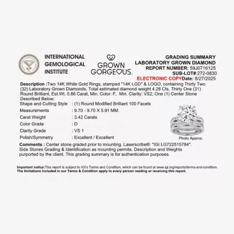Grown Gorgeous Vs2, F Womens 4 1/4 CT. T.W. Lab White Diamond 14K Gold or Platinum Round Side Stone Bridal Set