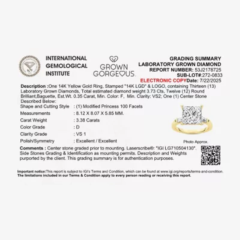 Grown Gorgeous (F, Vs2) Womens 3 3/4 CT. T.W. Lab White Diamond 14K Gold or Platinum Princess-cut Engagement Ring