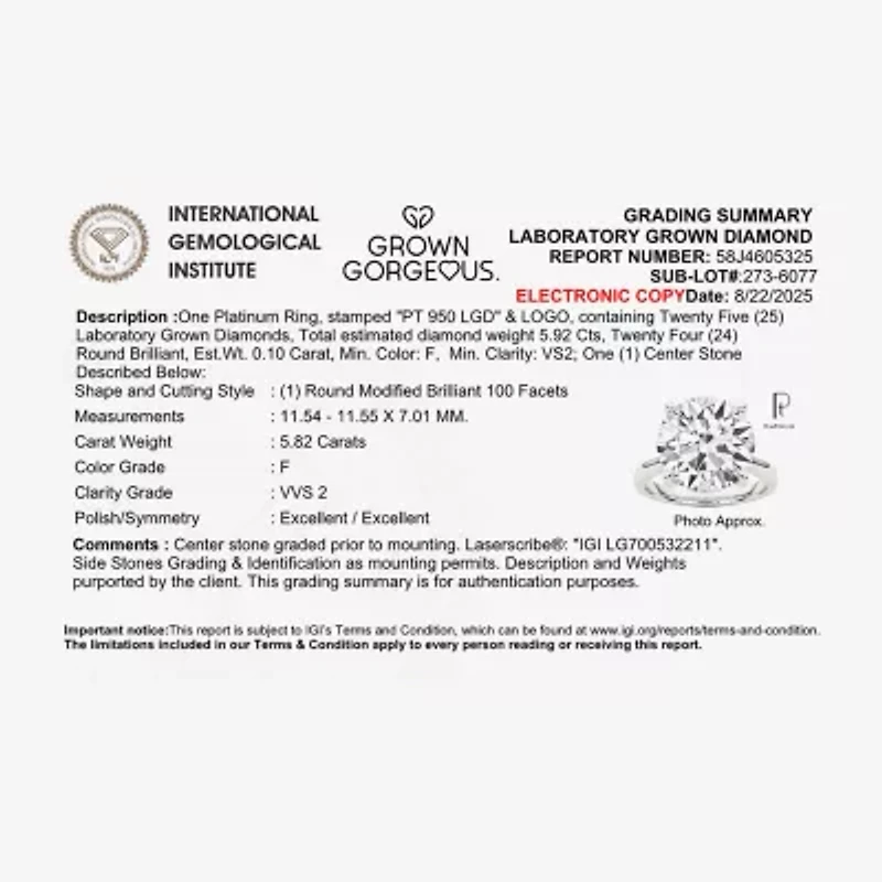 Grown Gorgeous (F, Vs2) Womens 5 3/4 CT. T.W. Lab White Diamond 14K Gold or Platinum Round Engagement Ring