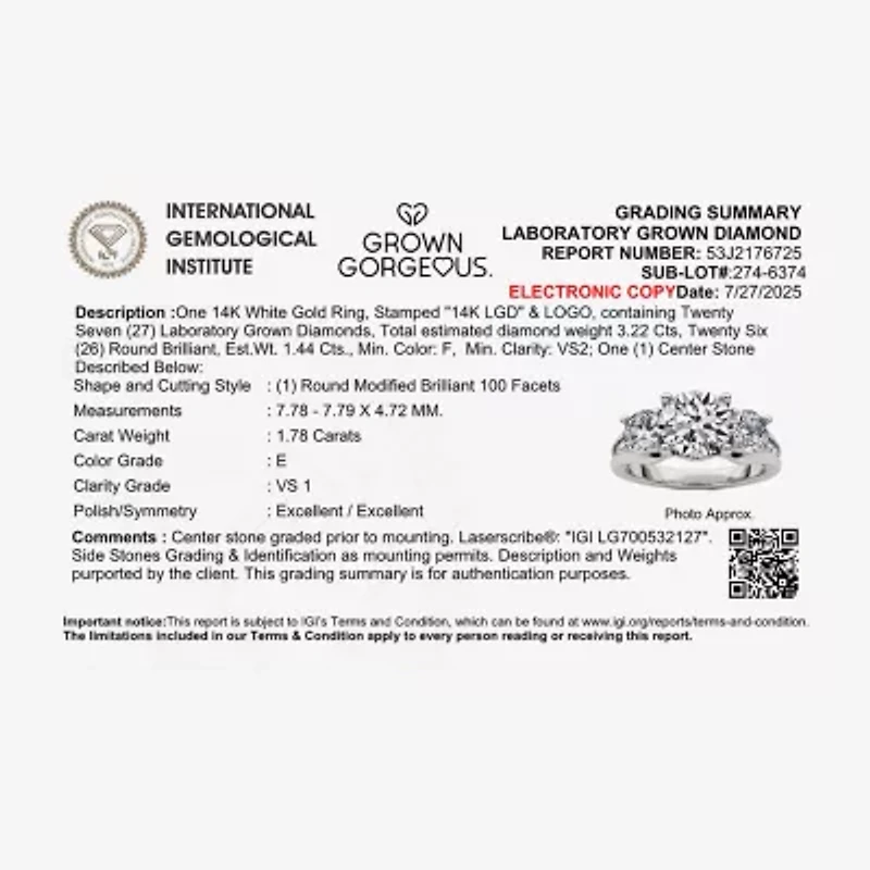 Grown Gorgeous (F, Vs2) Womens 3 1/7 Ct. T.W. Lab White Diamond 14K Gold or Platinum Round Side Stone 3-Stone Engagement Ring