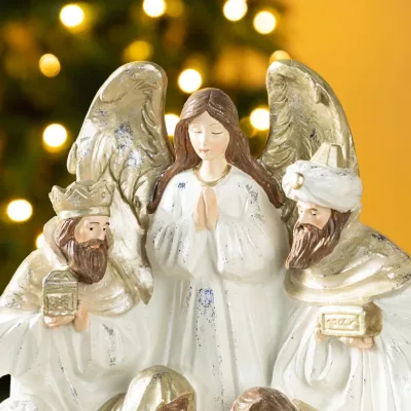 Glitzhome 13"H Ivory/Gold Resin Nativity Figurine Nativity Set