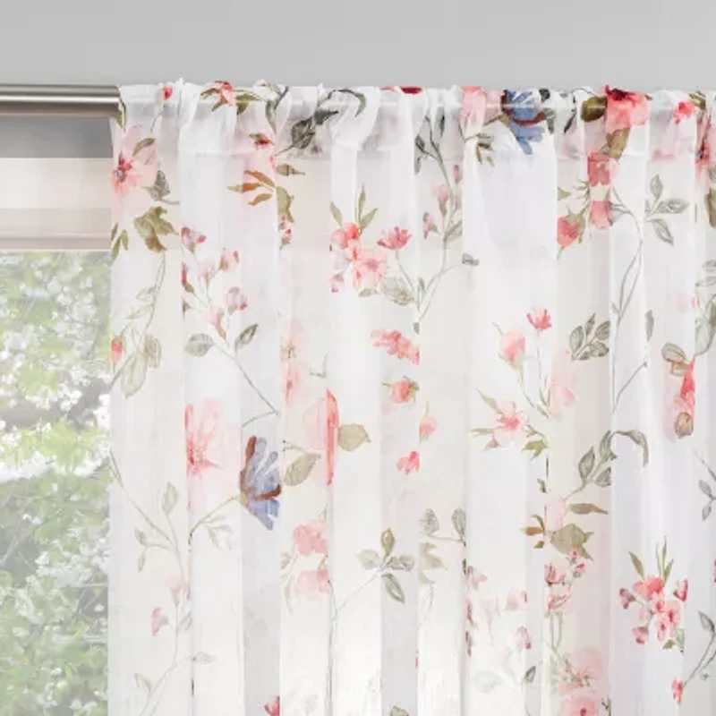No 918 Jocelyn Floral Print Crushed Voile Rod Pocket Sheer Single Curtain Panel