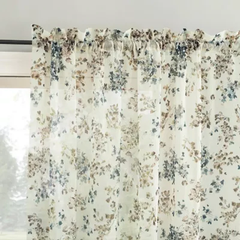 No 918 Alethea Floral Print Crushed Voile Rod Pocket Sheer Single Curtain Panel