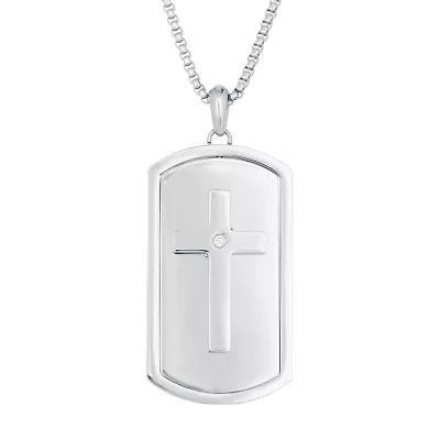 Mens White Cubic Zirconia Stainless Steel Cross Dog Tag 24 Inch Pendant Necklace