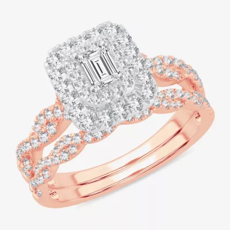 Signature By Modern Bride 1 CT.T.W. Natural Diamond Side Stone Halo Bridal Set 10K or 14K Gold