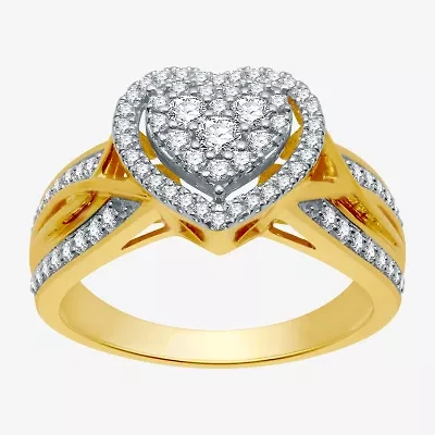 I Said Yes (H-I / I1) Womens 1/2 CT. T.W. Lab Grown White Diamond 14K Gold Over Silver Sterling Heart Side Stone Halo Engagement Ring