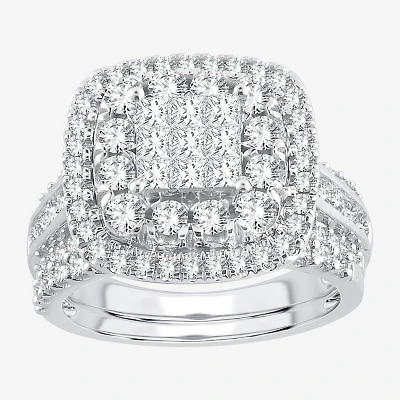 Womens 2 CT.T.W. Natural Diamond 10K or 14K White Gold Cushion Halo Bridal Set