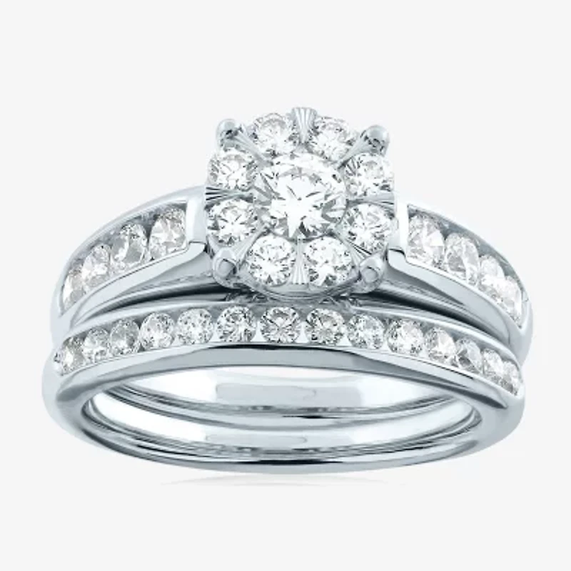 Womens 1 1/2 CT. T.W. Natural White Diamond 10K Gold Round Side Stone Halo Bridal Set