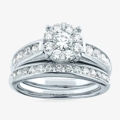 Womens 1 1/2 CT. T.W. Natural White Diamond 10K Gold Round Side Stone Halo Bridal Set