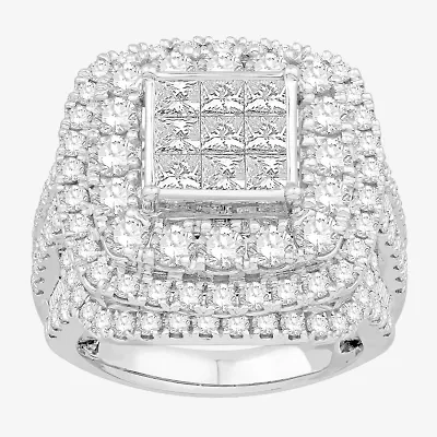 Womens 4 CT. T.W. Natural White Diamond 10K White Gold Cushion Side Stone Engagement Ring