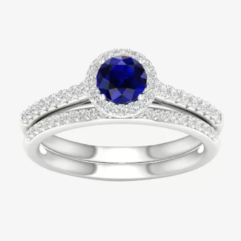 Modern Bride Gemstone Womens 1/3 CT. T.W. Lead Glass-Filled Red Ruby 10K White Gold Halo Bridal Set