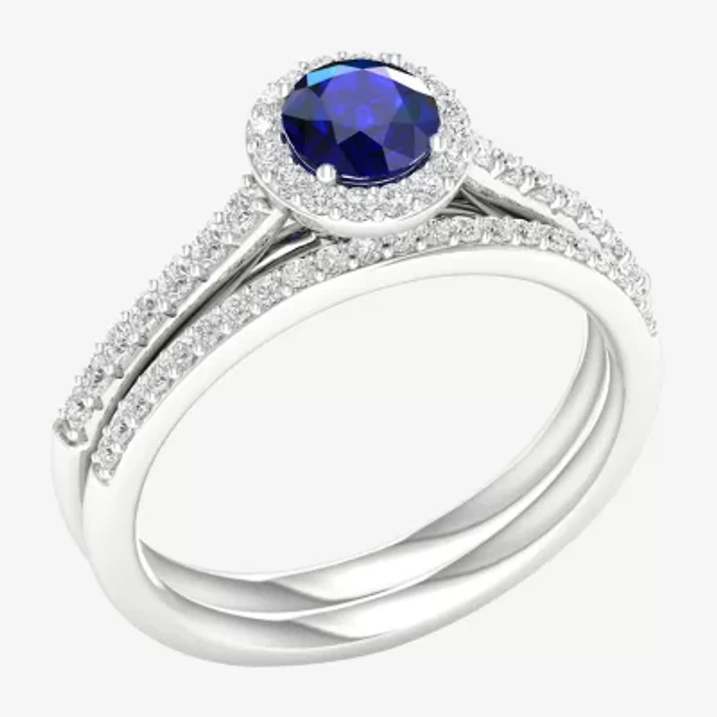 Modern Bride Gemstone Womens 1/3 CT. T.W. Lead Glass-Filled Red Ruby 10K White Gold Halo Bridal Set