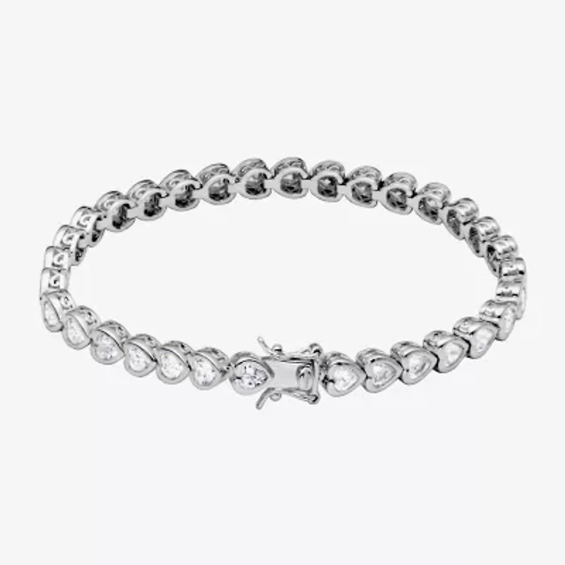 Womens Cubic Zirconia Platinum Over Silver Heart 7.25 Inch Tennis Bracelet