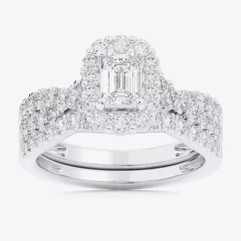 Signature By Modern Bride (G-H / Si1-Si2) Womens 1 1/3 CT. T.W. Lab Grown White Diamond 10K Gold Side Stone Halo Bridal Set