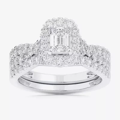 Signature By Modern Bride (G-H / Si1-Si2) Womens 1 1/3 CT. T.W. Lab Grown White Diamond 10K Gold Side Stone Halo Bridal Set
