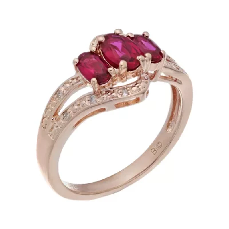 Lab-Created Ruby and Genuine White Topaz Rose-Tone Sterling Silver 3-Stone Ring