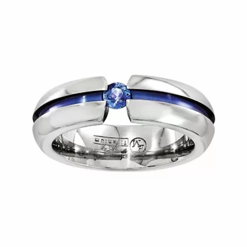 Mens 6MM Genuine Blue Sapphire Titanium Wedding Band
