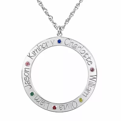 Personalized Birthstone Family Name Circle Pendant Necklace