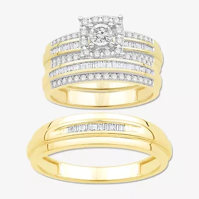 3PC His and Hers Trio Wedding Set Featuring 3/4 CT.T.W. Natural Diamond Womens Bridal Set and Mens Wedding Band in 10K or 14K Two Tone Gold