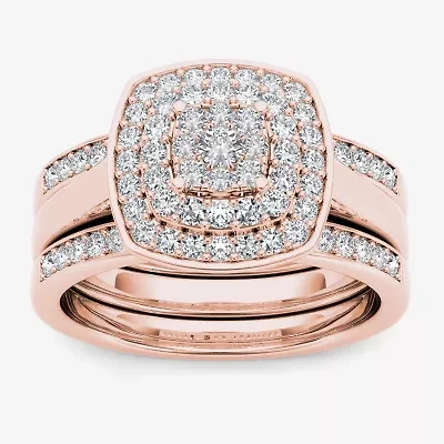 Womens 1/ CT. T.W. Natural White Diamond 10K Rose Gold Cushion Side Stone Halo Bridal Set