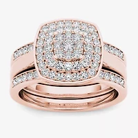 Womens 1/ CT. T.W. Natural White Diamond 10K Rose Gold Cushion Side Stone Halo Bridal Set