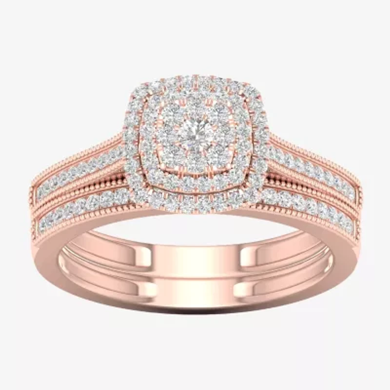 Womens 1/3 CT. T.W. Natural White Diamond 10K Rose Gold Cushion Halo Bridal Set
