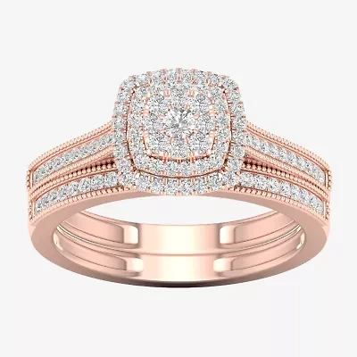 Womens 1/3 CT. T.W. Natural White Diamond 10K Rose Gold Cushion Halo Bridal Set